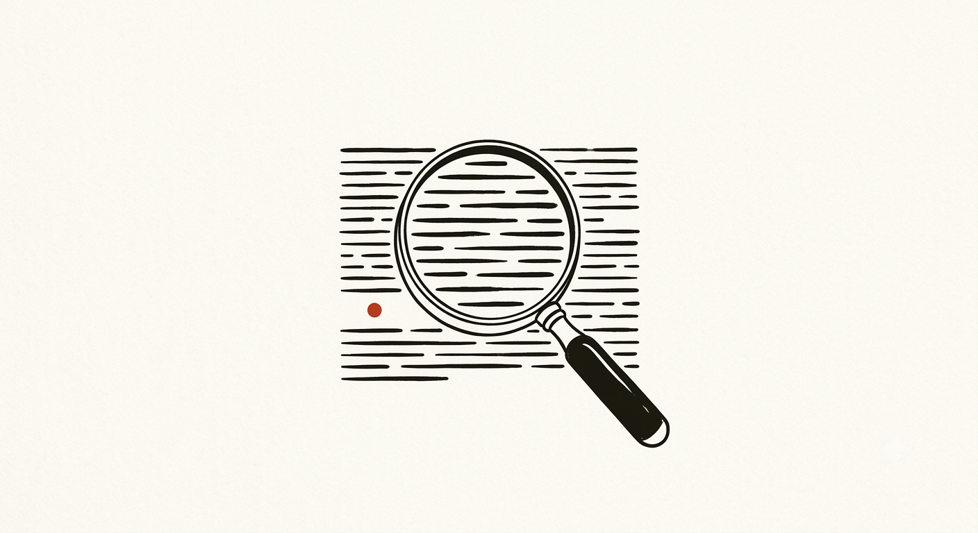 Une loupe posée sur des lignes de texte, illustration abstraite du scan.